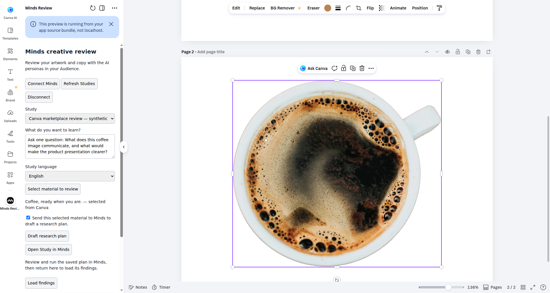 Native Canva panel showing selected material and transfer consent