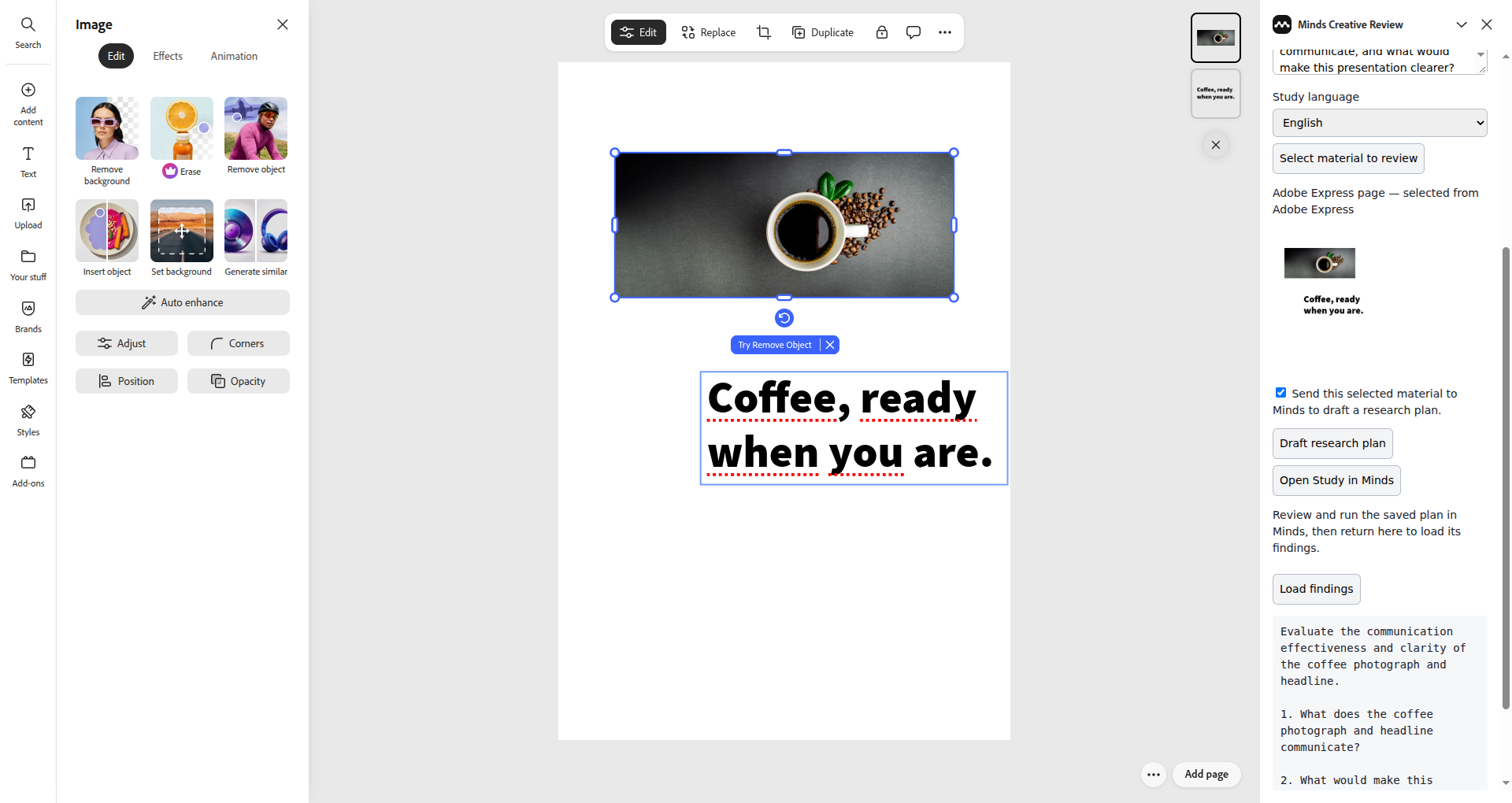 Native Adobe Express panel showing the exported headline image and saved draft