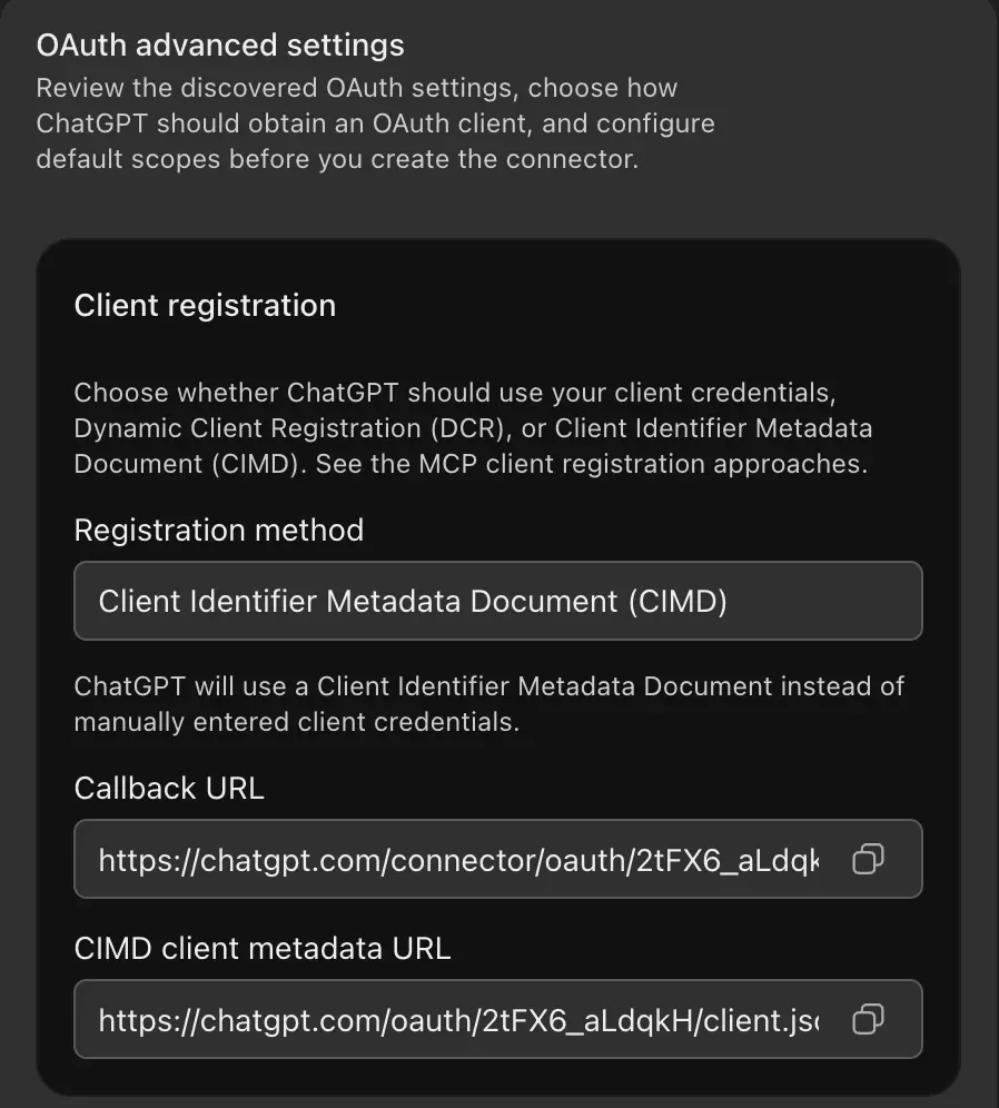 Advanced OAuth settings with the Client Identifier Metadata Document registration method