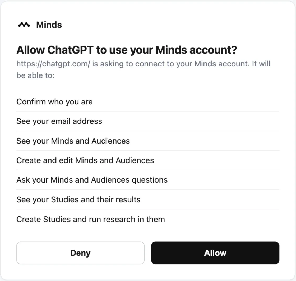 Minds consent screen "Allow ChatGPT to use your Minds account?" with Deny and Allow